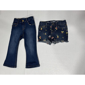 Lot of 2 Old Navy Boot Cut Jeans Cat & Jack Embroidered Denim Shorts Girls Sz 2T
